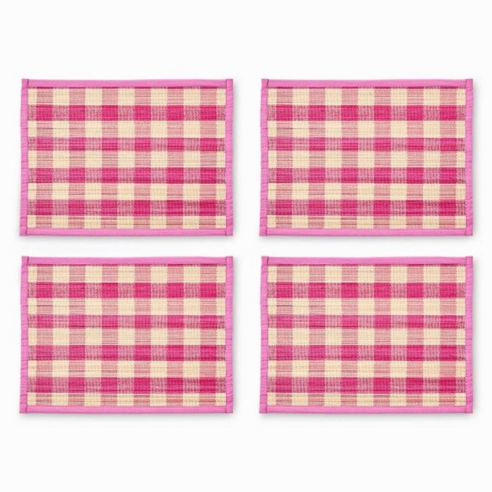 NEW Mackenzie-Childs Pink Woven Check Straw Placemats 14x20 Set of 4